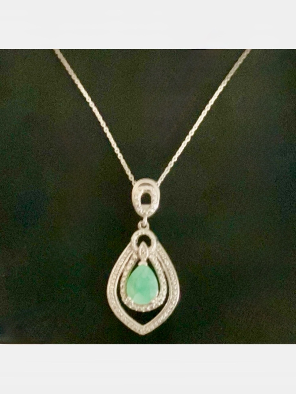 4ct Aventurine Teardrop Gemstone and Diamond Pendant Necklace in Silver